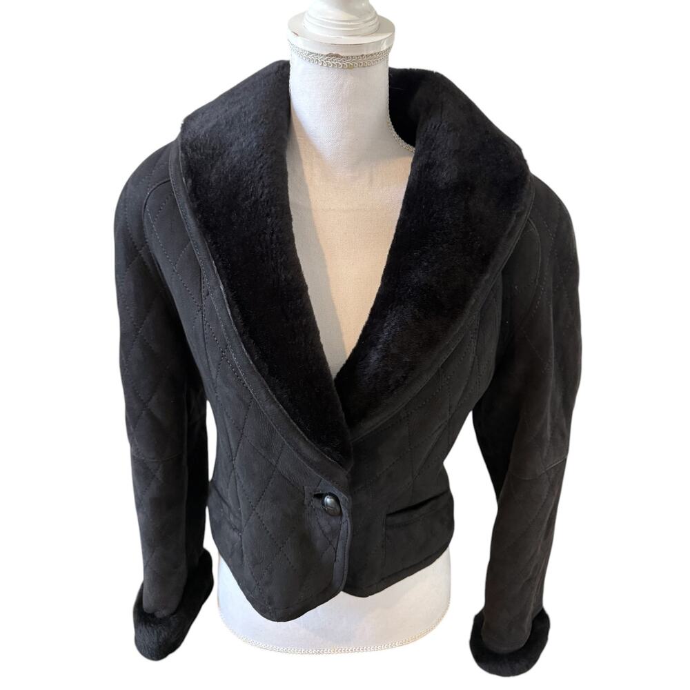 Steve by SEARLE Cropped Genuine Shearling Sheepskin Shawl Collar Jacket Black
